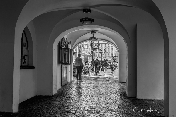 Prague, Czech Republic, Old Town, walkway, architecture, moorish, black and white, travel